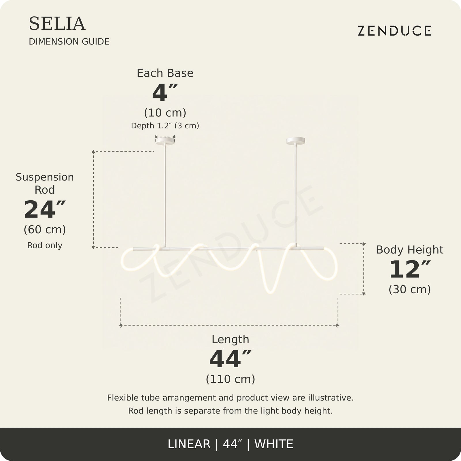 SELIA 44-inch white dimension guide: length 44 inches (110 cm), body 12 inches (30 cm), suspension rod 24 inches (60 cm), two bases each 4 inches (10 cm) wide
