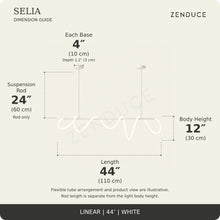 SELIA 44-inch white dimension guide: length 44 inches (110 cm), body 12 inches (30 cm), suspension rod 24 inches (60 cm), two bases each 4 inches (10 cm) wide