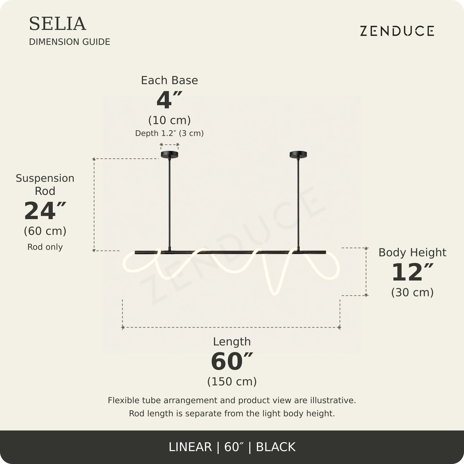 SELIA 60-inch black dimension guide: length 60 inches (150 cm), body 12 inches (30 cm), suspension rod 24 inches (60 cm), two bases each 4 inches (10 cm) wide