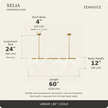 SELIA 60-inch gold dimension guide: length 60 inches (150 cm), body 12 inches (30 cm), suspension rod 24 inches (60 cm), two bases each 4 inches (10 cm) wide