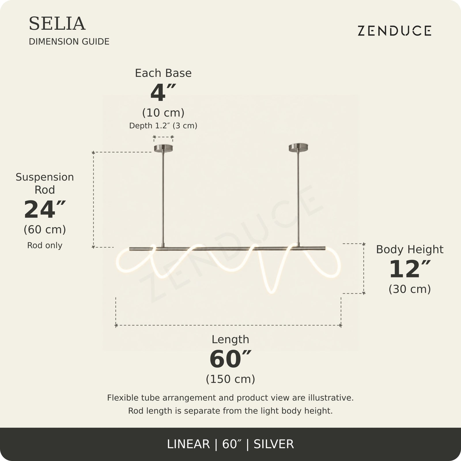 SELIA 60-inch silver dimension guide: length 60 inches (150 cm), body 12 inches (30 cm), suspension rod 24 inches (60 cm), two bases each 4 inches (10 cm) wide