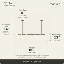 SELIA 60-inch silver dimension guide: length 60 inches (150 cm), body 12 inches (30 cm), suspension rod 24 inches (60 cm), two bases each 4 inches (10 cm) wide