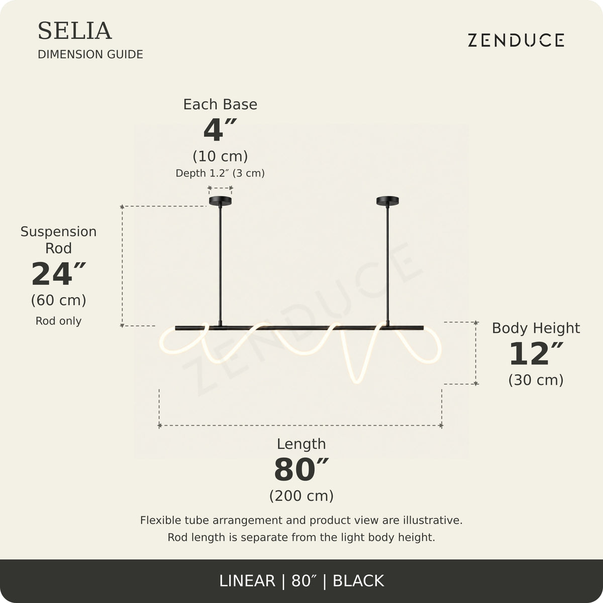 SELIA 80-inch black dimension guide: length 80 inches (200 cm), body 12 inches (30 cm), suspension rod 24 inches (60 cm), two bases each 4 inches (10 cm) wide
