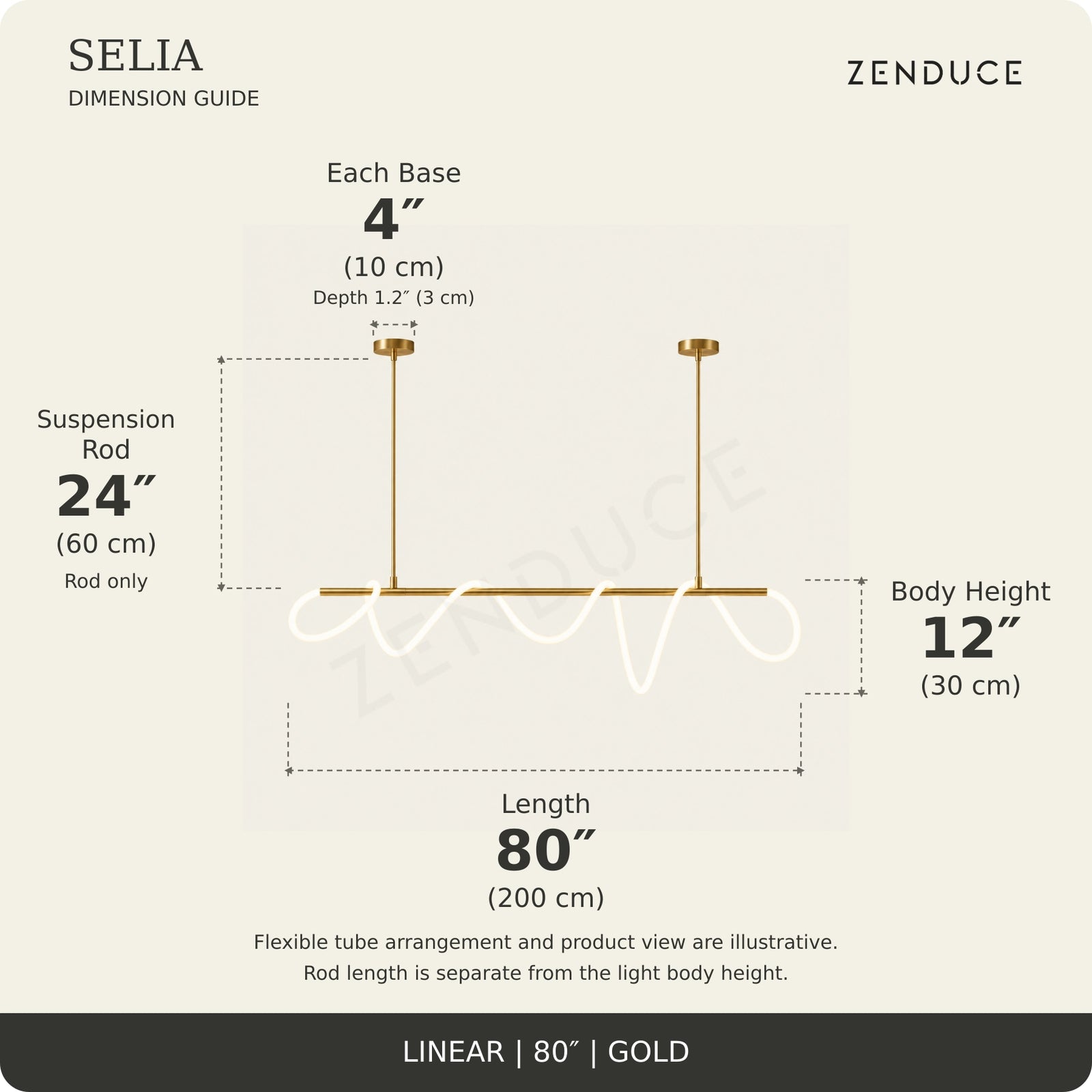 SELIA 80-inch gold dimension guide: length 80 inches (200 cm), body 12 inches (30 cm), suspension rod 24 inches (60 cm), two bases each 4 inches (10 cm) wide