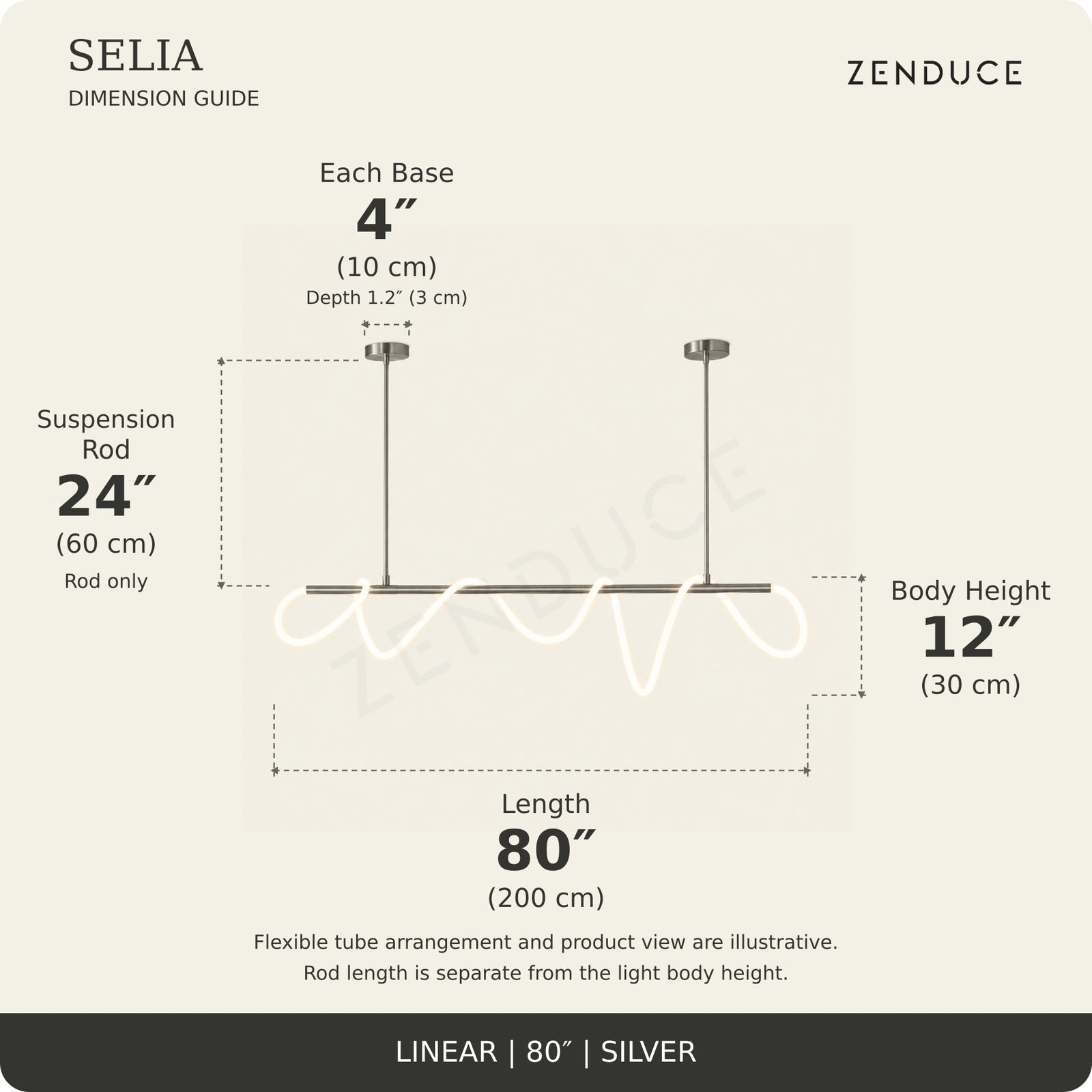 SELIA 80-inch silver dimension guide: length 80 inches (200 cm), body 12 inches (30 cm), suspension rod 24 inches (60 cm), two bases each 4 inches (10 cm) wide