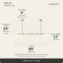 SELIA 80-inch silver dimension guide: length 80 inches (200 cm), body 12 inches (30 cm), suspension rod 24 inches (60 cm), two bases each 4 inches (10 cm) wide