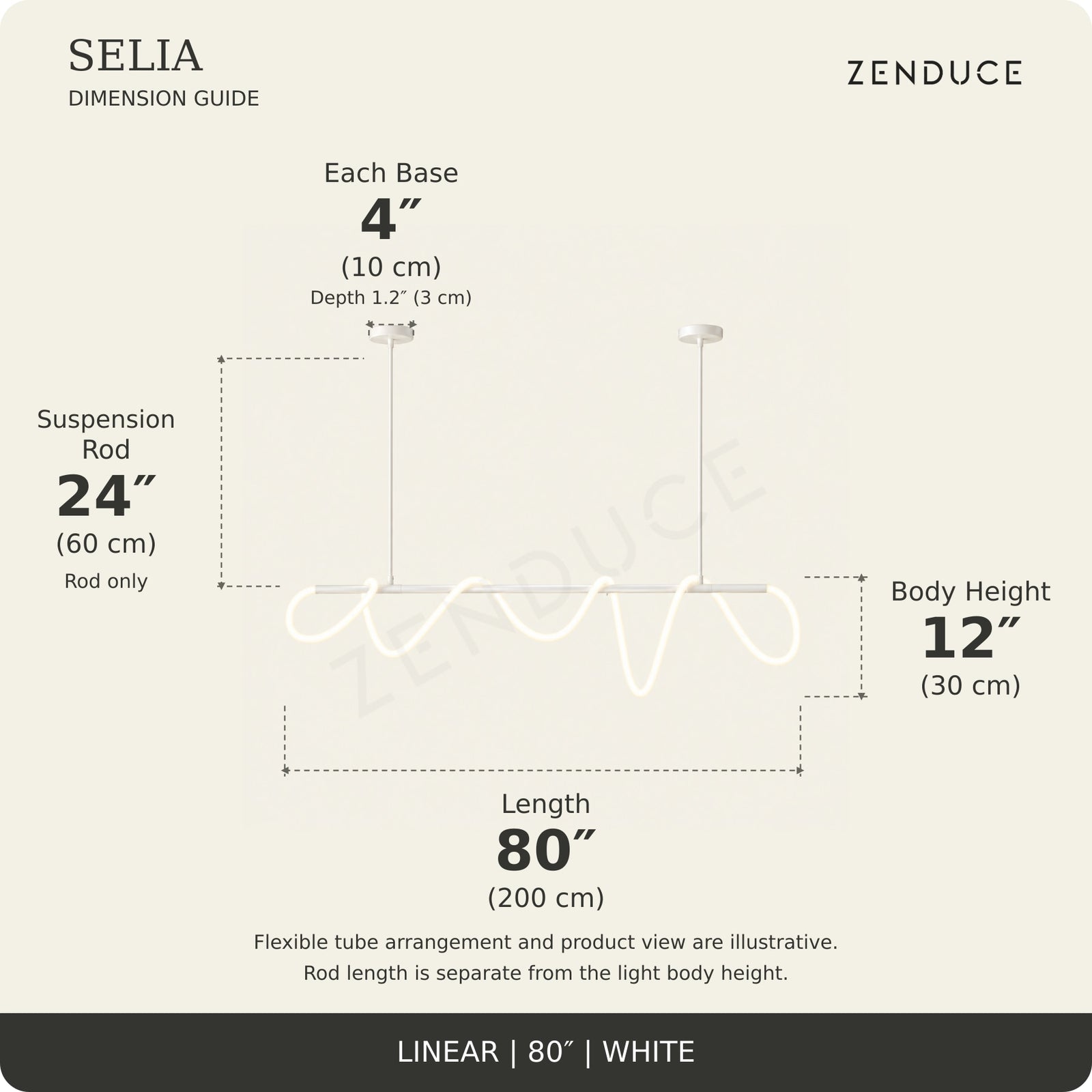 SELIA 80-inch white dimension guide: length 80 inches (200 cm), body 12 inches (30 cm), suspension rod 24 inches (60 cm), two bases each 4 inches (10 cm) wide