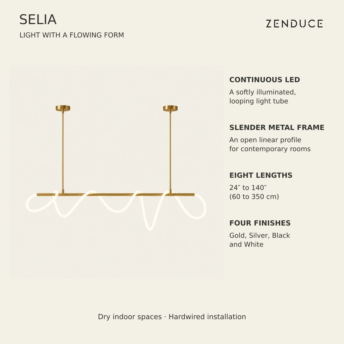 SELIA feature guide: continuous LED tube, slender metal frame, eight lengths, four finishes and dry indoor hardwired installation