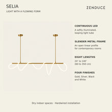 SELIA feature guide: continuous LED tube, slender metal frame, eight lengths, four finishes and dry indoor hardwired installation