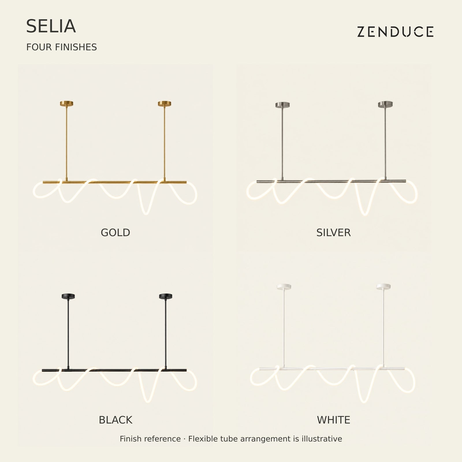 SELIA gold, silver, black and white finish comparison with the same two-mount linear chandelier construction