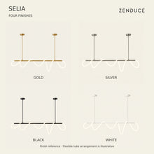 SELIA gold, silver, black and white finish comparison with the same two-mount linear chandelier construction