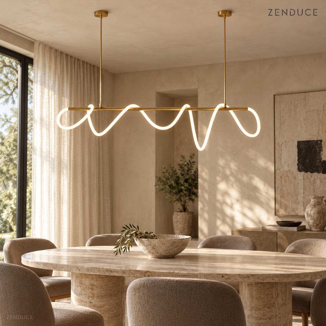 SELIA gold linear LED chandelier above a travertine dining table, with two round ceiling mounts and a flowing illuminated tube