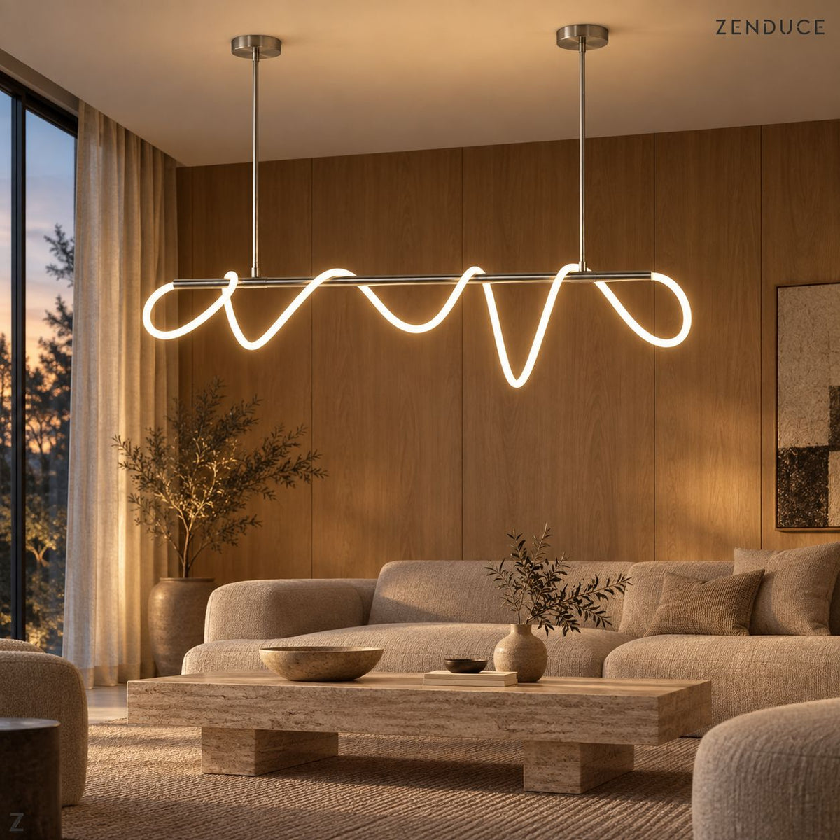 SELIA silver chandelier in a warm contemporary living room with upholstered seating