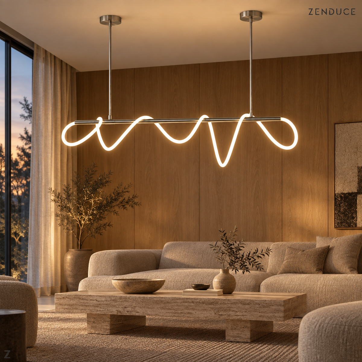 SELIA silver chandelier in a warm contemporary living room with upholstered seating