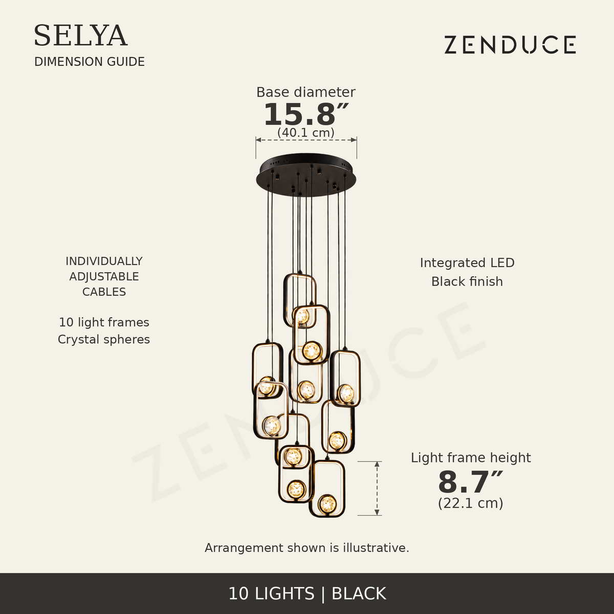 SELYA Black ten-light dimension guide showing verified 15.8-inch base diameter and 8.7-inch frame height