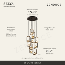 SELYA Black ten-light dimension guide showing verified 15.8-inch base diameter and 8.7-inch frame height