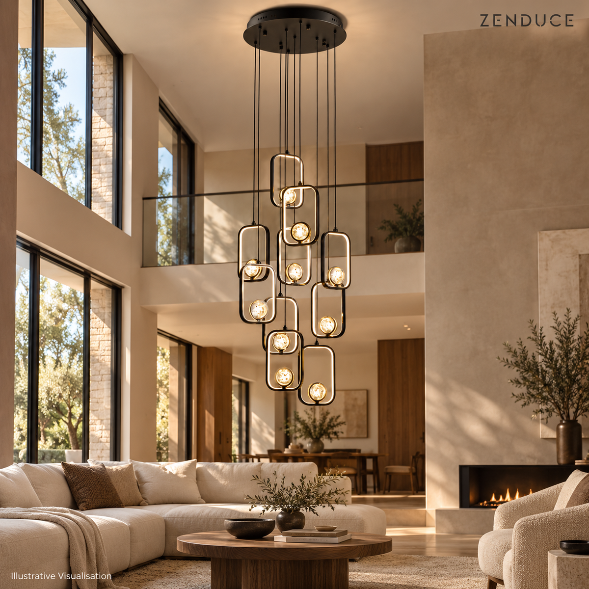 SELYA Black crystal chandelier in an illustrative high-ceiling living room