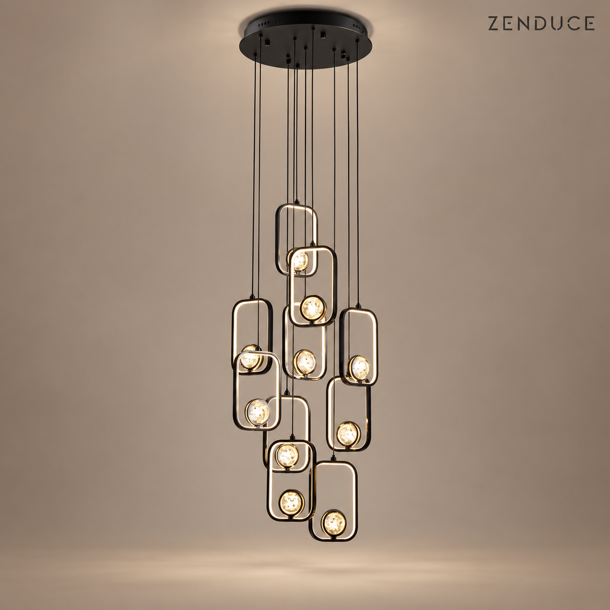 SELYA ten-light crystal cascade chandelier in Black on mushroom taupe