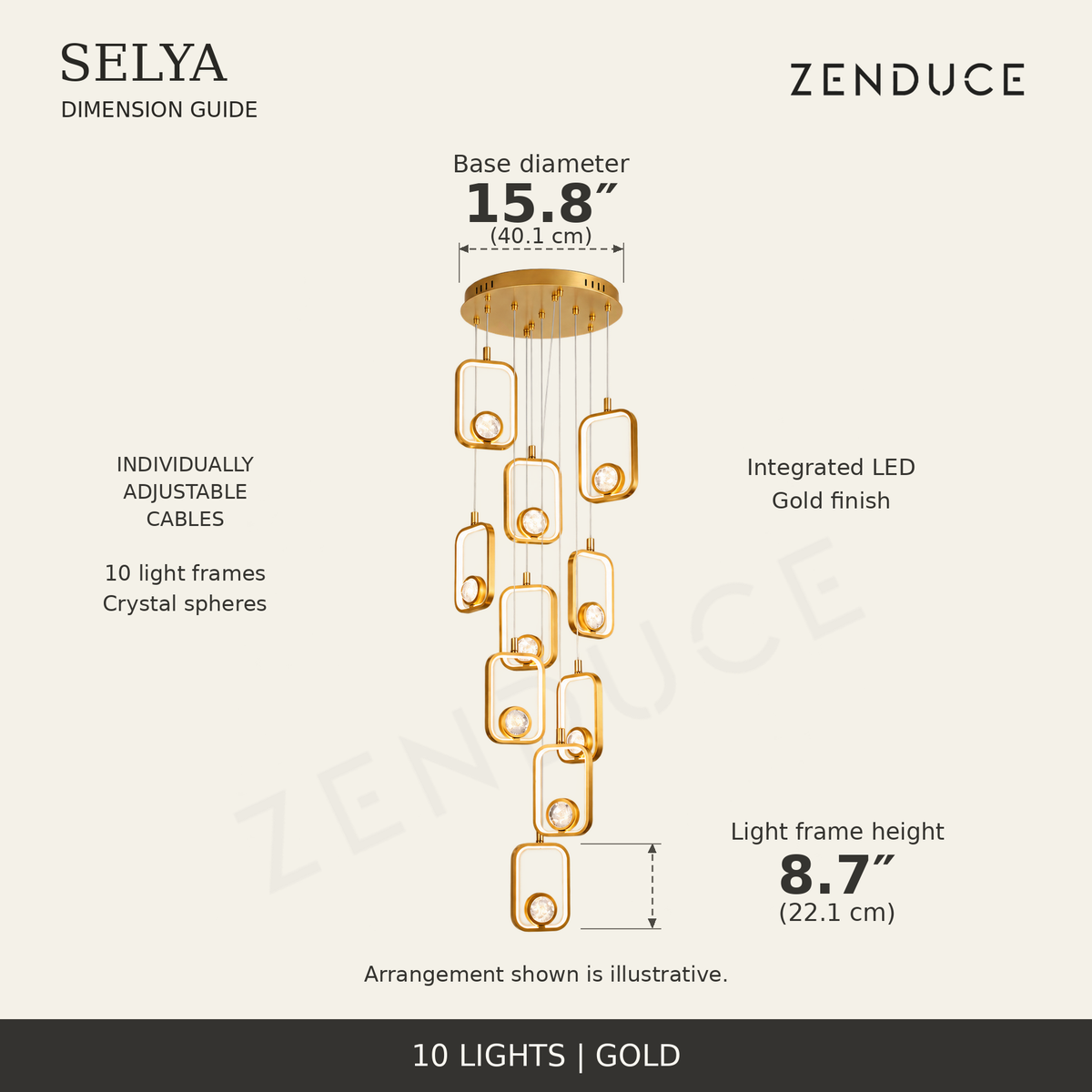 SELYA Gold ten-light dimension guide showing verified 15.8-inch base diameter and 8.7-inch frame height