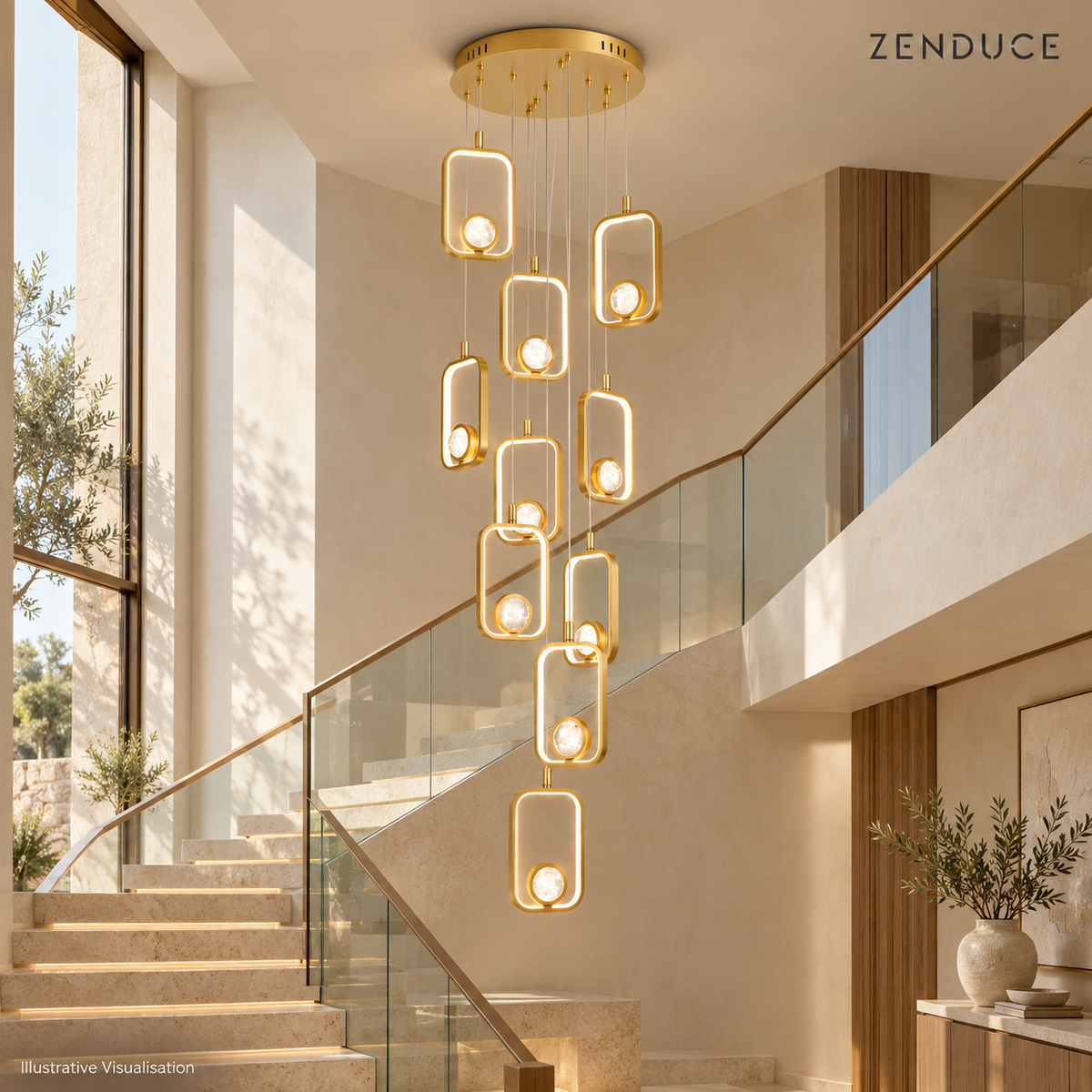 SELYA Gold crystal chandelier in an illustrative double-height staircase
