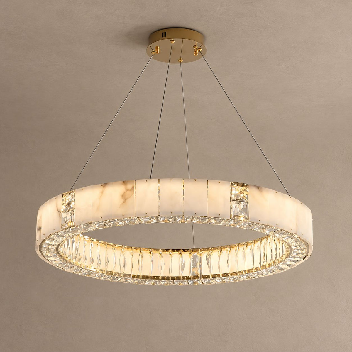 SERAPH single-ring marble and crystal chandelier on mushroom taupe plaster