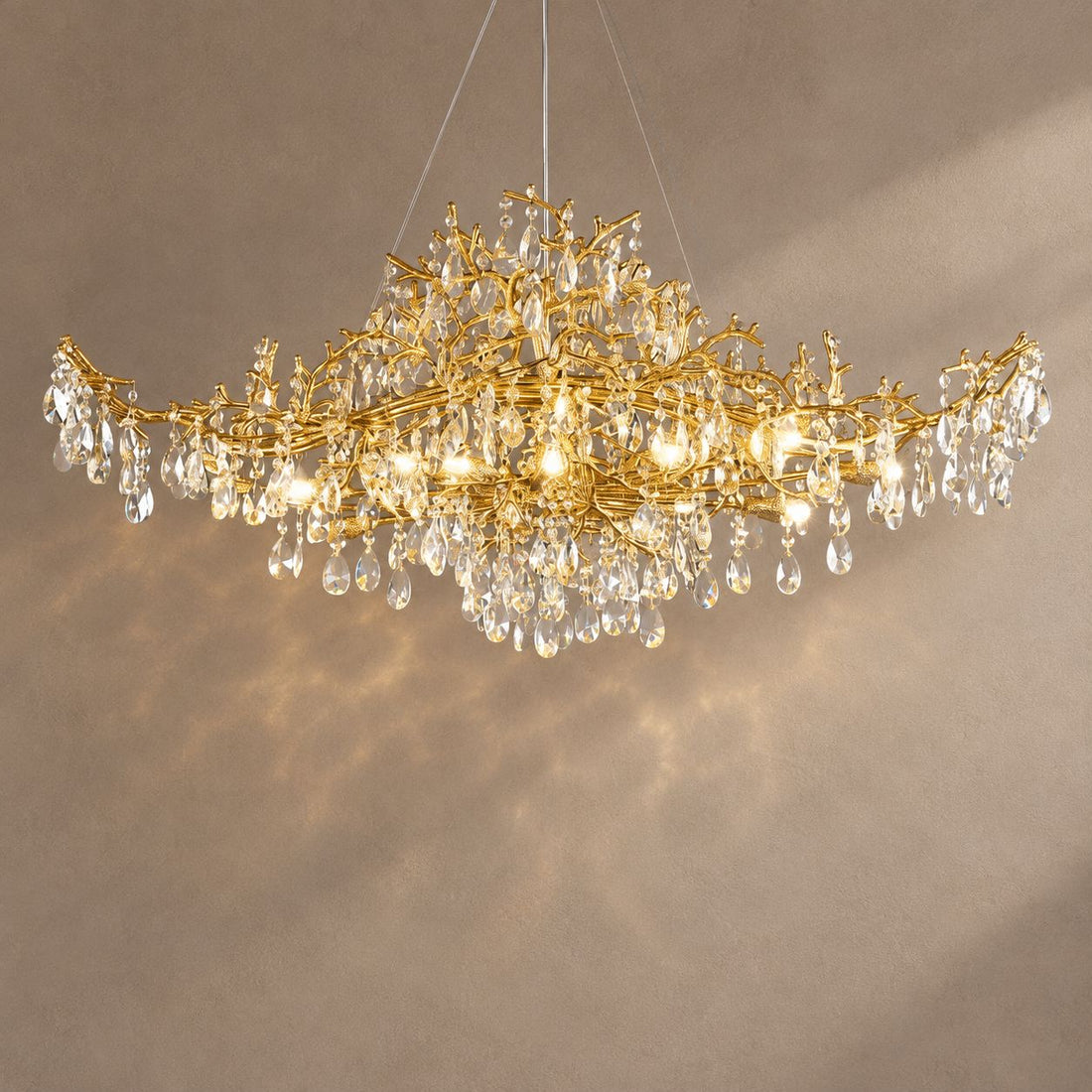 Seya lighting on a mushroom taupe background with natural shadows