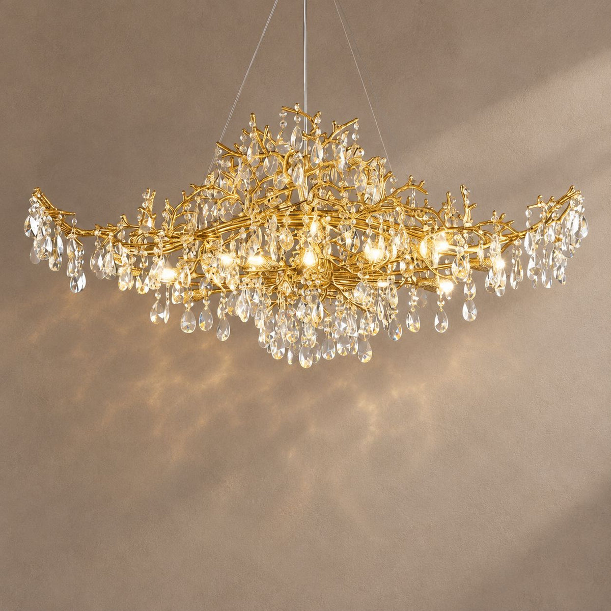 Seya lighting on a mushroom taupe background with natural shadows