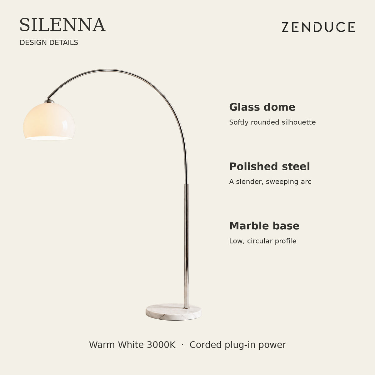 SILENNA design details showing glass dome, polished steel arc, marble base and warm white 3000K light