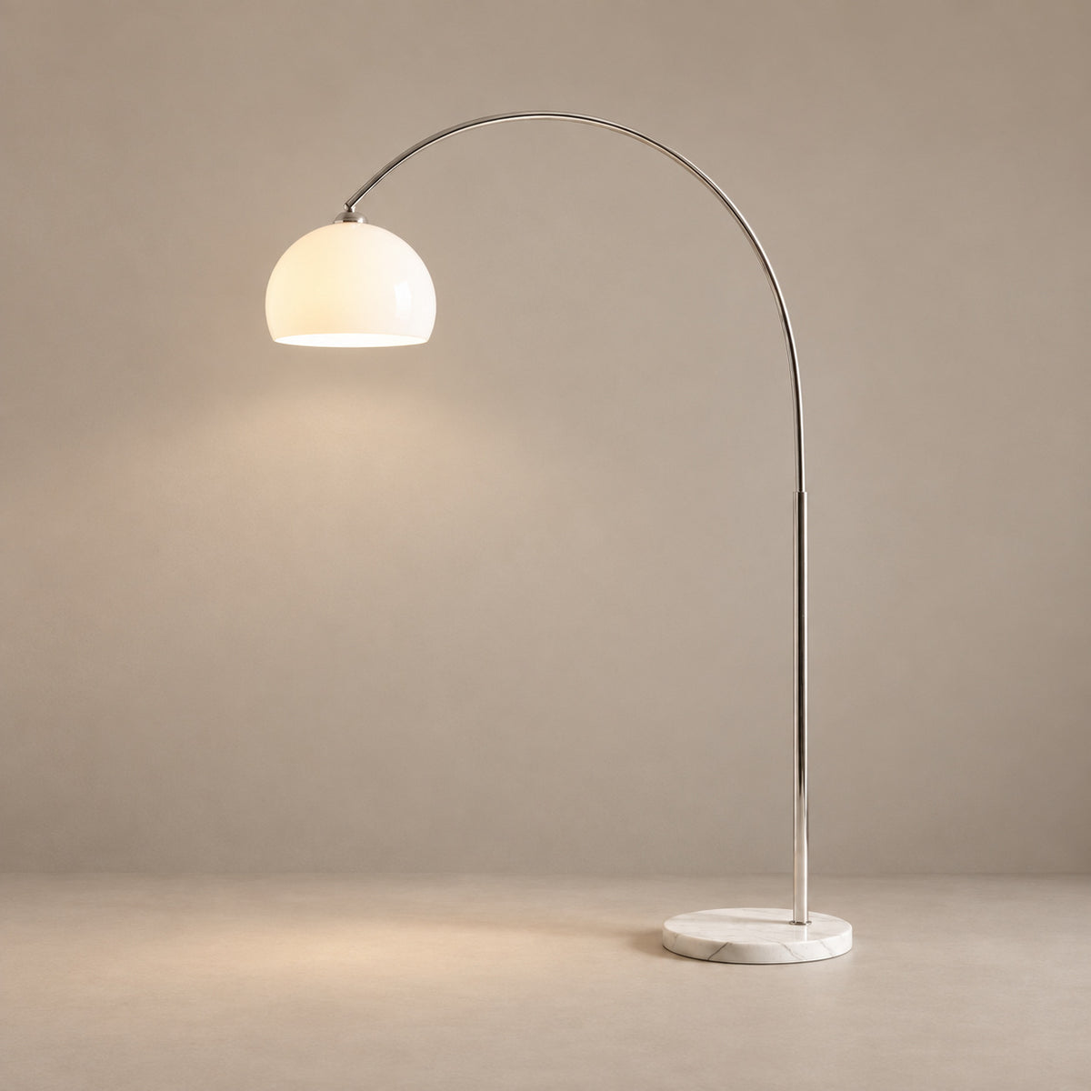 SILENNA white glass dome floor lamp with curved polished steel stem and marble base