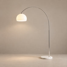 SILENNA white glass dome floor lamp with curved polished steel stem and marble base