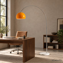 SILENNA orange dome floor lamp visualized beside a walnut home office desk