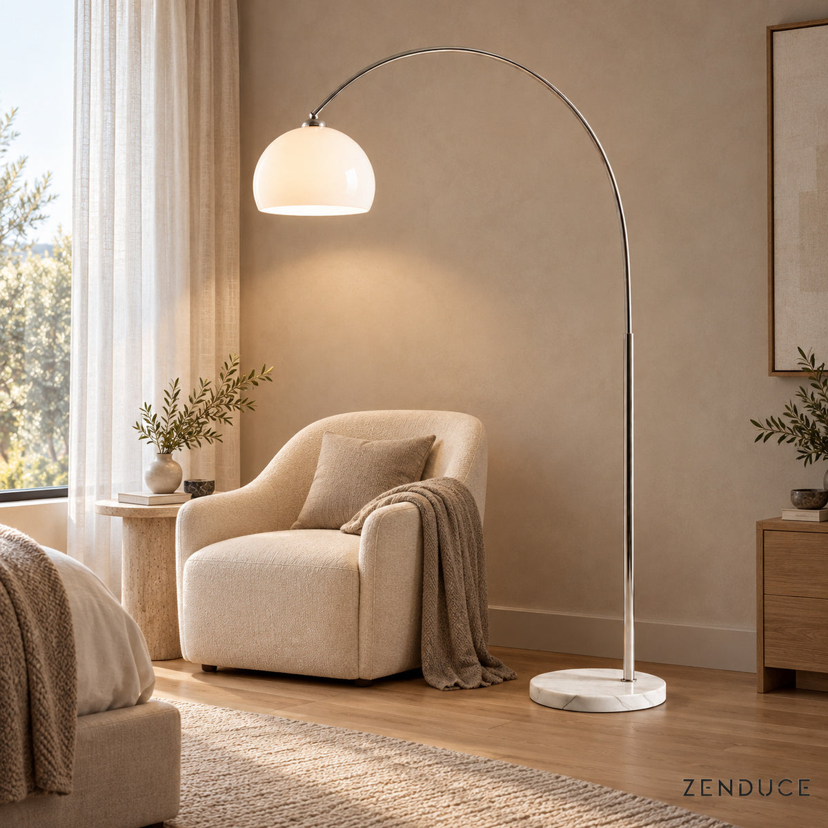 SILENNA white floor lamp visualized beside a bedroom reading chair