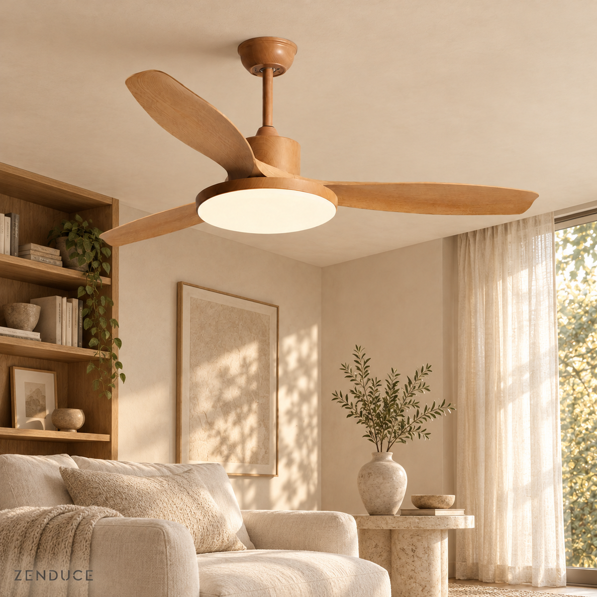 SKAGEN three-blade wood fan with short downrod and circular LED diffuser in a neutral lounge