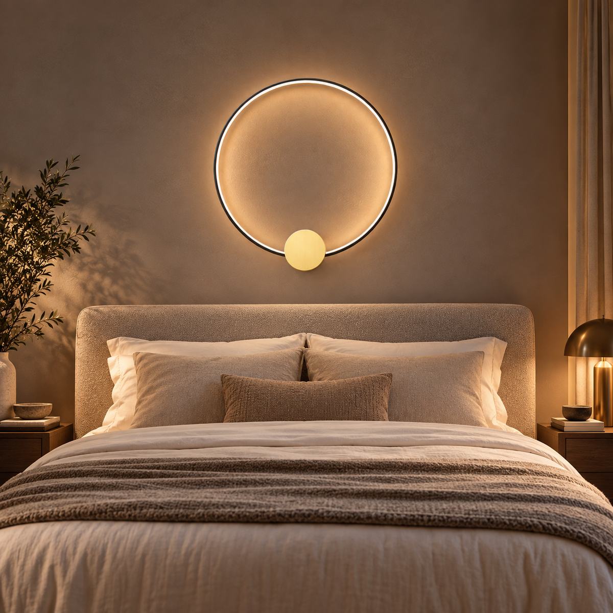 SOLIA black medium wall light in warm taupe bedroom