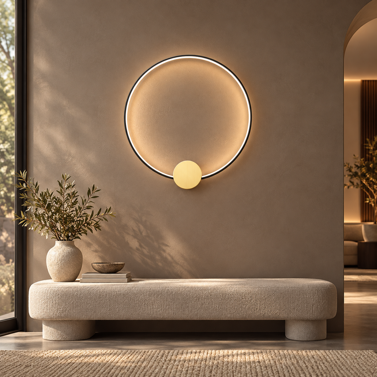 SOLIA black medium circular LED wall light above cream bench on mushroom taupe wall
