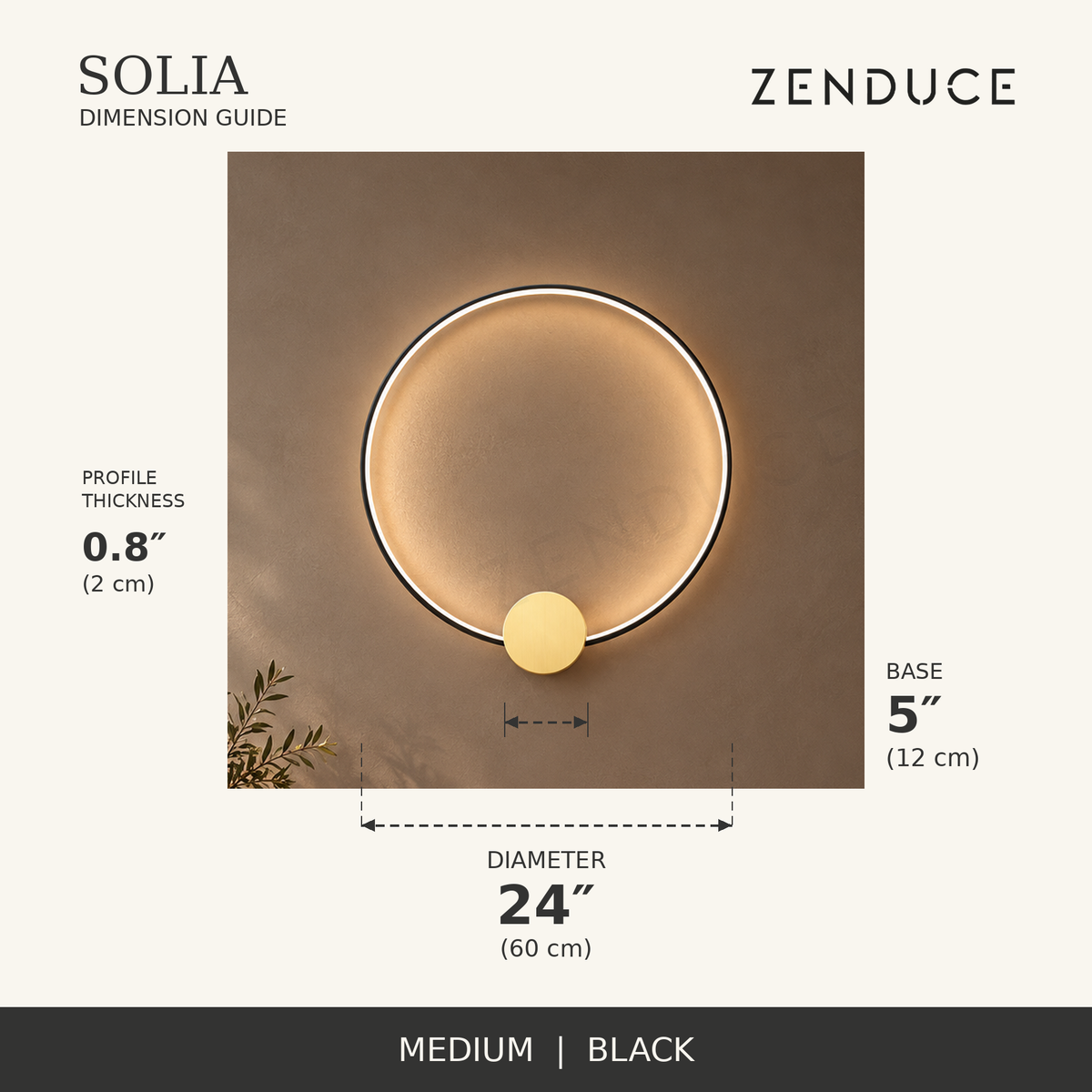SOLIA medium black dimension guide, 24 inch ring and 5 inch base