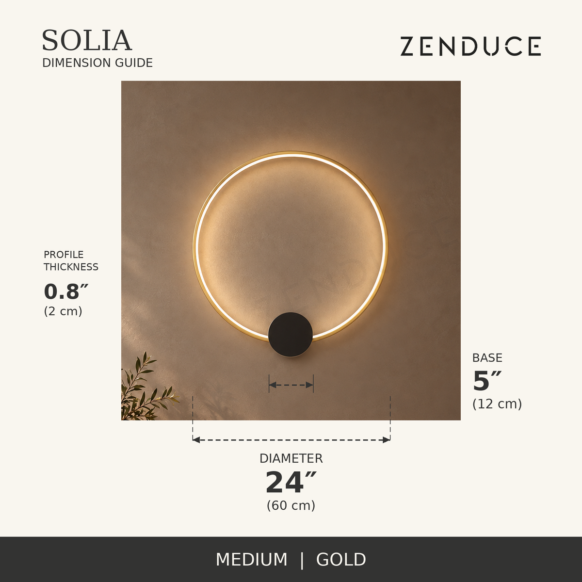 SOLIA medium gold dimension guide, 24 inch ring and 5 inch base