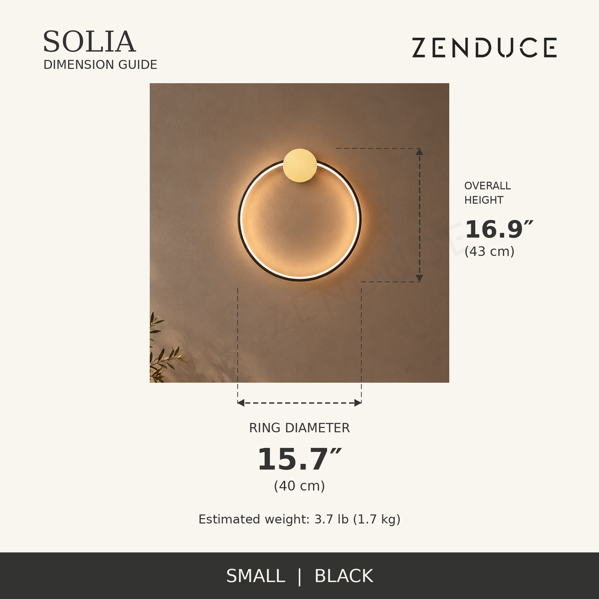 SOLIA Small Black dimension guide: 15.7 inch ring diameter, 16.9 inch overall height, estimated 3.7 lb