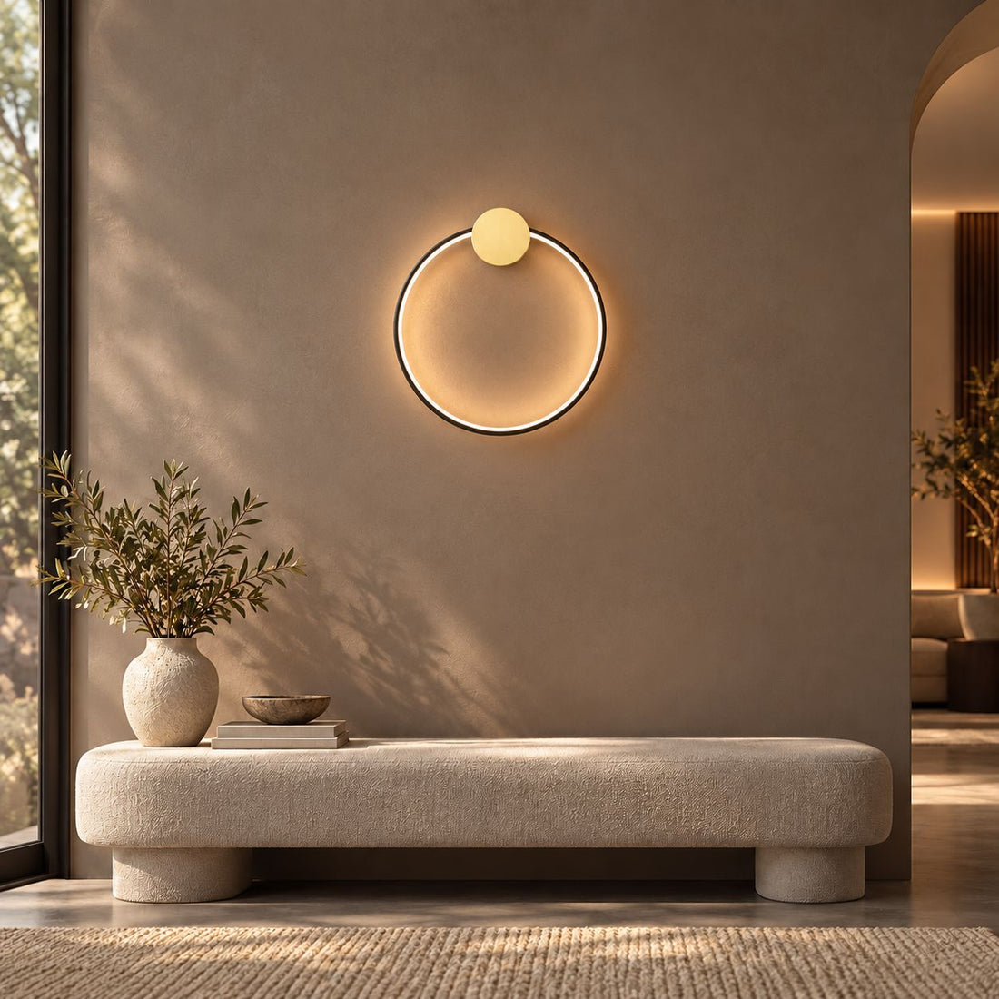 SOLIA Small Black circular wall light, 40 cm ring with gold top mounting disc