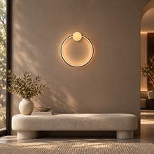SOLIA Small Black circular wall light, 40 cm ring with gold top mounting disc