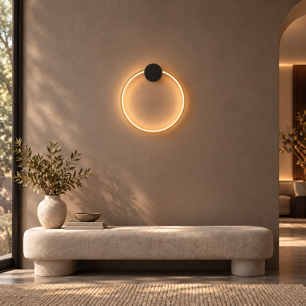 SOLIA Small Gold circular wall light, 40 cm ring with black top mounting disc