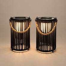 SOLVETTA solar woven lanterns set of two on a mushroom taupe background