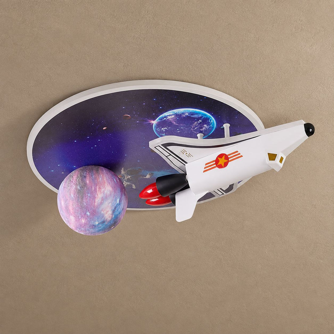 Space Rocket LED Ceiling Light for Kids Room on mushroom taupe plaster with natural shadows