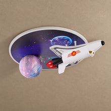 Space Rocket LED Ceiling Light for Kids Room on mushroom taupe plaster with natural shadows