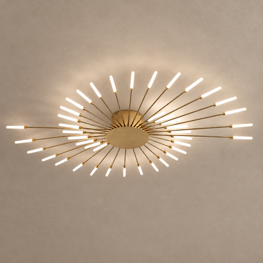 SPARKLER gold sunburst ceiling light with slim illuminated rods on mushroom taupe plaster