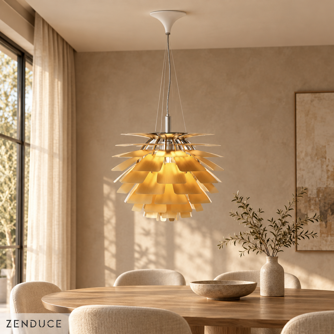SYLUNE gold pinecone chandelier with layered metal petals and white canopy above an oak dining table