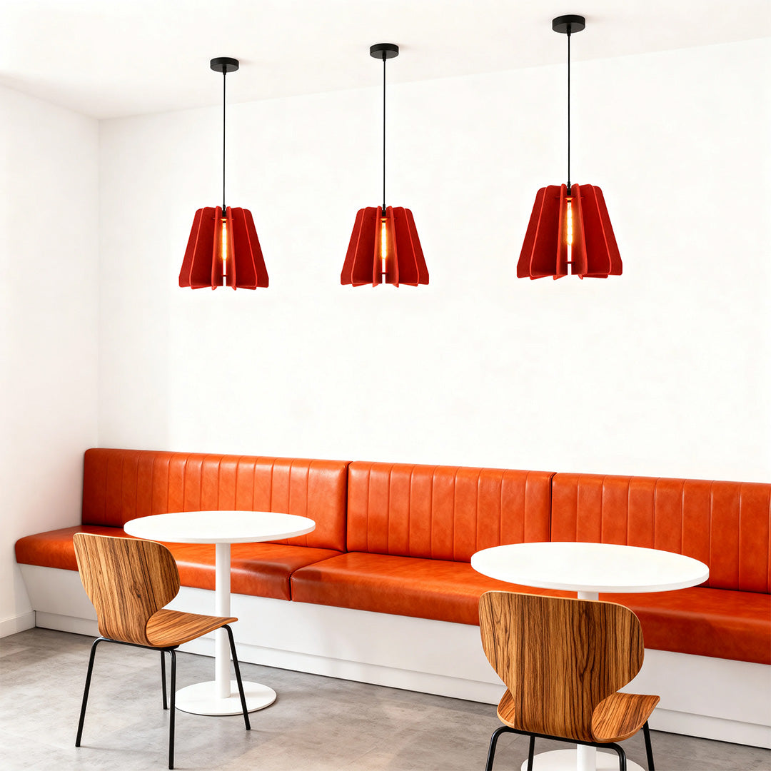 FELLA - Red felt pendants in a cafe seating area