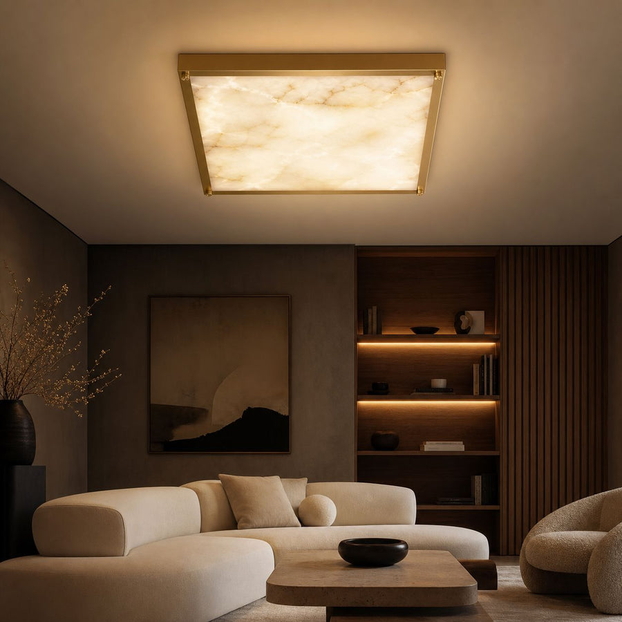 VIREA square alabaster ceiling light in a luxury living room