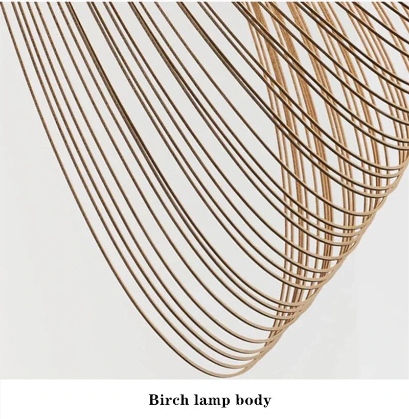 LUCORA close-up of curved wood strips, labeled birch lamp body