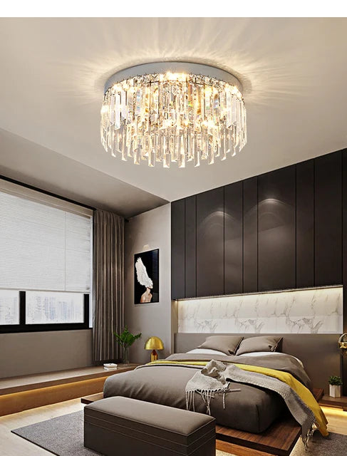 AMELIA round crystal flush ceiling light, lit, in a bedroom with dark wall panels